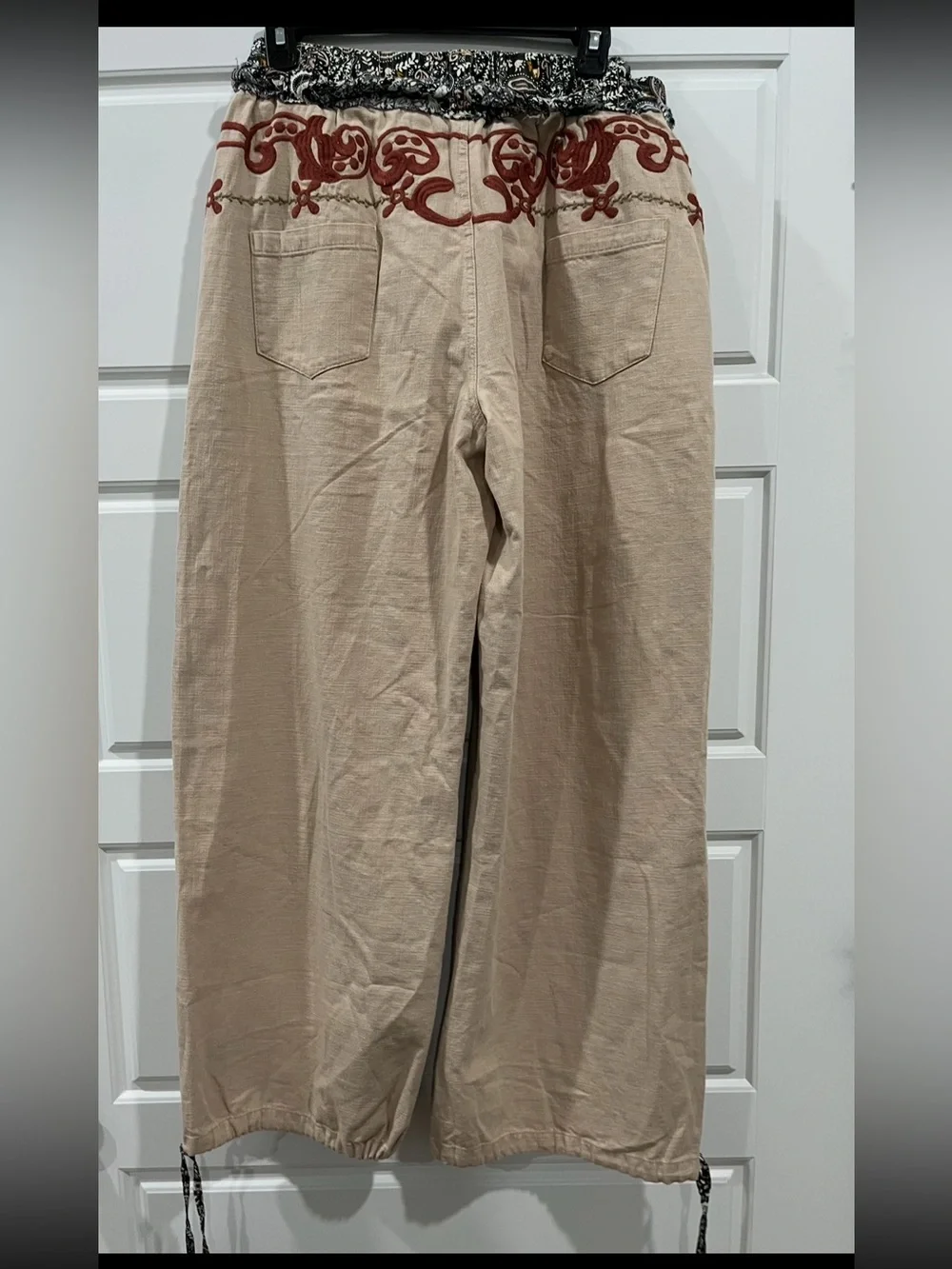 Blue Velvet Boho Beige Embroidered Floral Drawstring Pants. - Picture 2 of 4